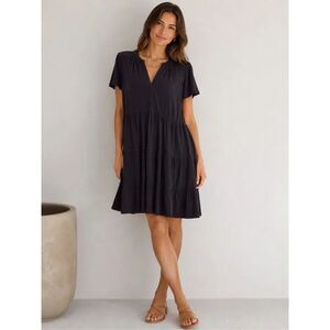 Lucky Brand Black Tiered Babydoll Dress Rayon Blend Short Sleeve Women’s 1X